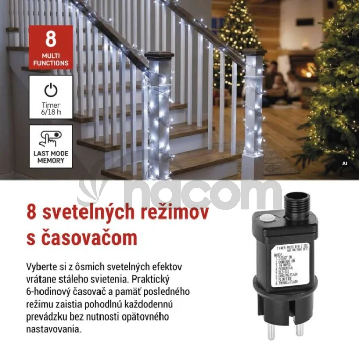 LED nano reťaz na cievke, strieborný, 19,2 m, studená biela, časovač