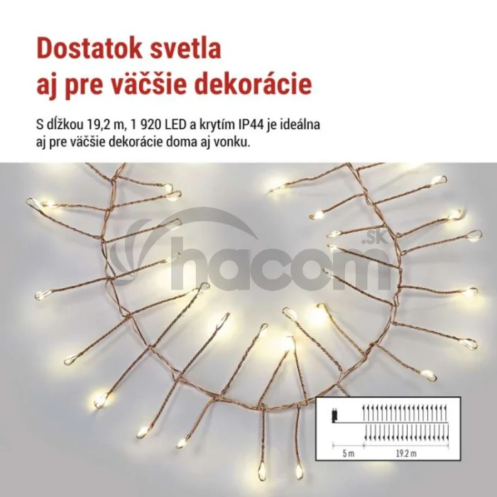 LED nano reťaz na cievke, medená, 19,2 m, teplá biela, časovač