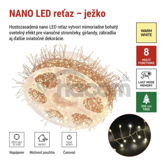 LED nano reťaz na cievke, medená, 19,2 m, teplá biela, časovač