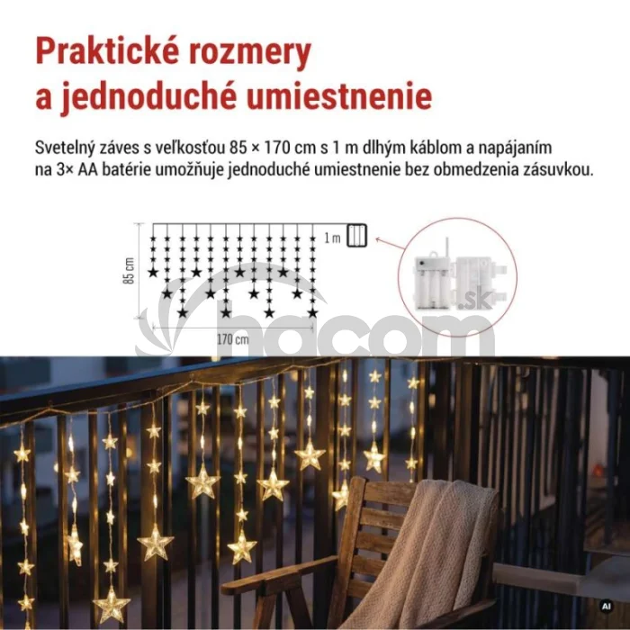 Vianočná LED girlanda – hviezdy, 1,7 m, 3x AA, do interiéru, teplá biela, časovač