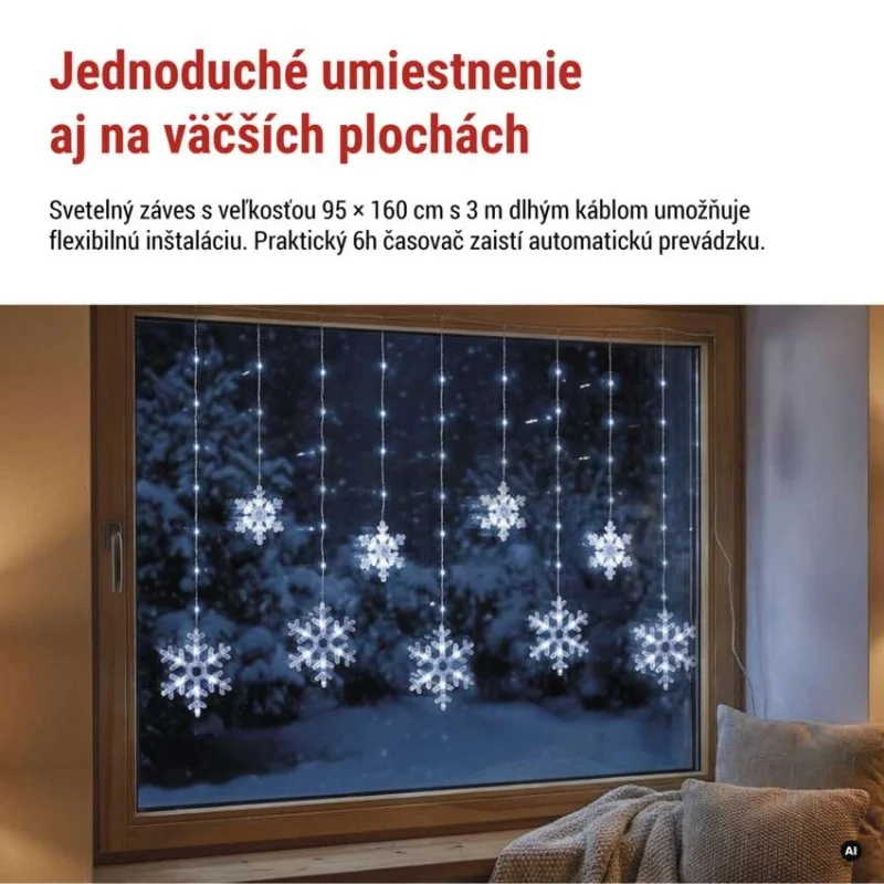 Vianočná LED girlanda – vločky, 160 x 95 cm, IP44, studená biela, časovač