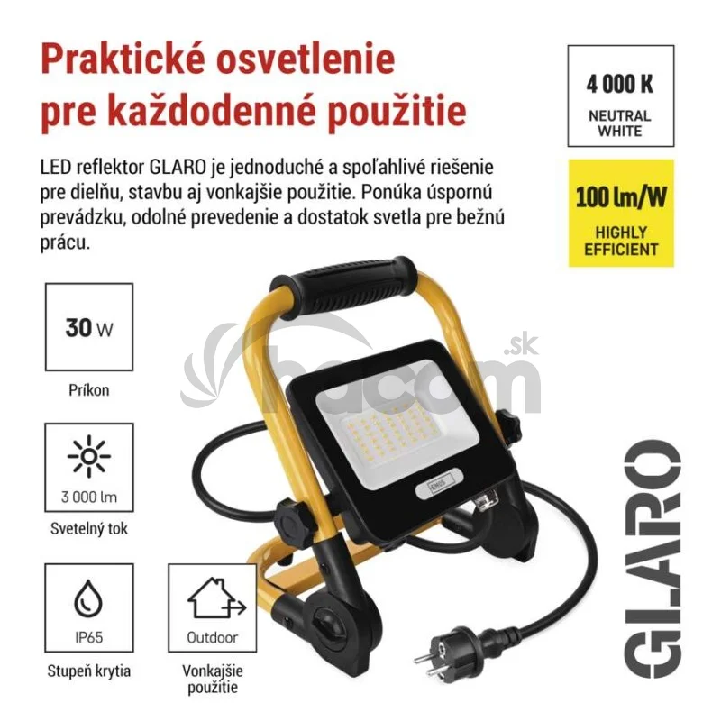 LED reflektor GLARO 30 W, žlto-čierny, IP65, 3000 lm, neutrálna biela