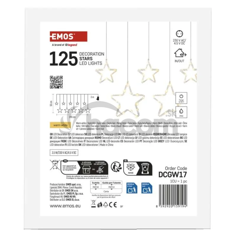 Vianočná LED girlanda – hviezdy, 190 x 50 cm, do exteriéru aj interiéru, teplá biela