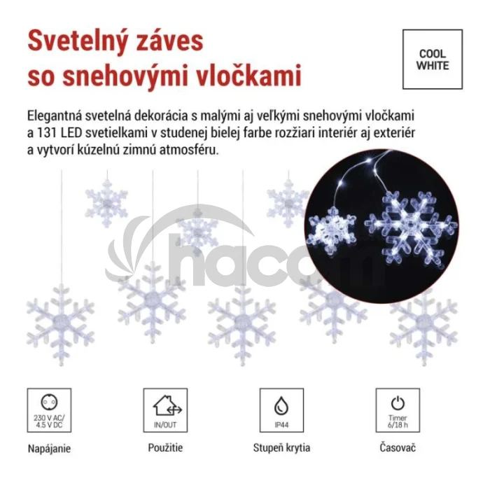 Vianočná LED girlanda – vločky, 160 x 95 cm, IP44, studená biela, časovač