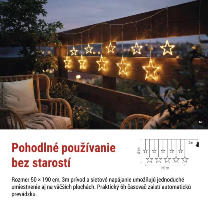 Vianočná LED girlanda – hviezdy, 190 x 50 cm, do exteriéru aj interiéru, teplá biela