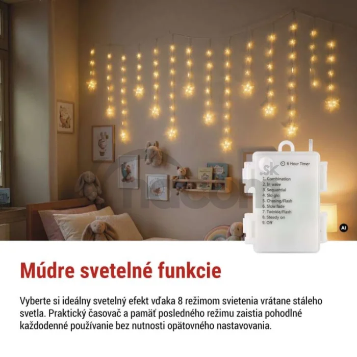 Vianočná LED girlanda – hviezdy, 1,7 m, 3x AA, do interiéru, teplá biela, časovač