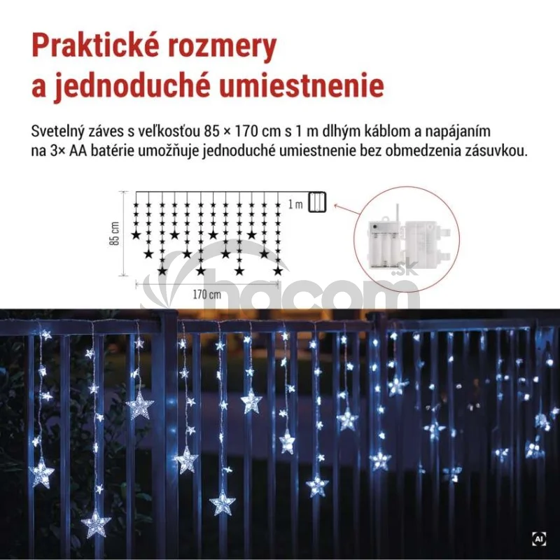 Vianočná LED girlanda – hviezdy, 1,7 m, 3x AA, IP44, studená biela, časovač