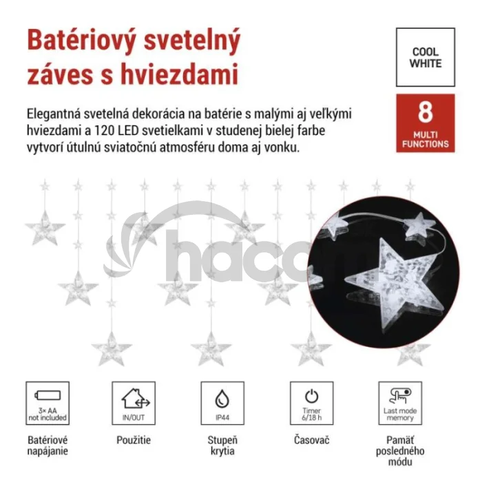 Vianočná LED girlanda – hviezdy, 1,7 m, 3x AA, IP44, studená biela, časovač