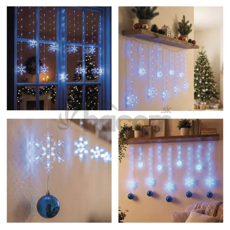 Vianočná LED girlanda – vločky, 160 x 95 cm, IP44, studená biela, časovač