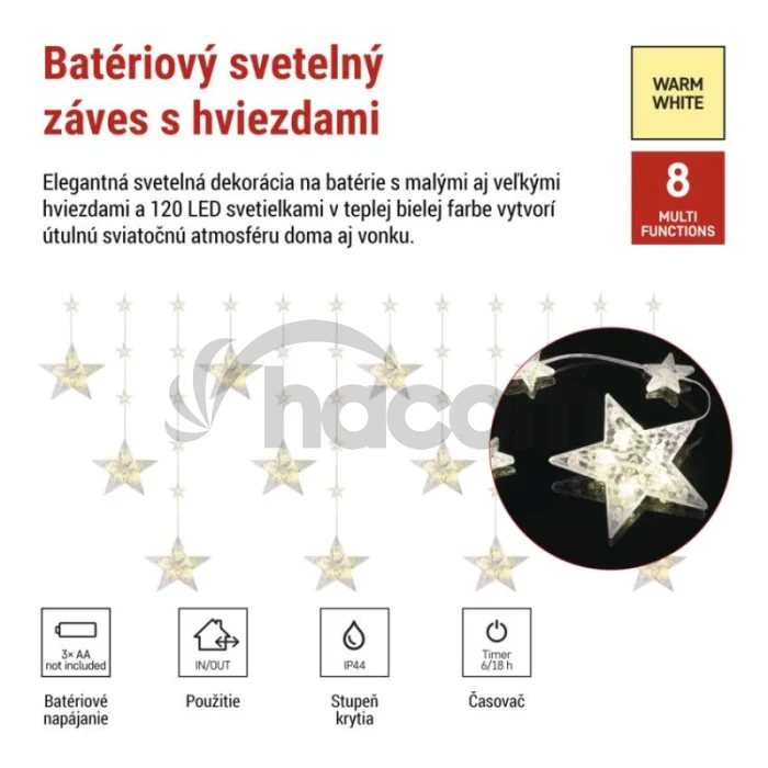 Vianočná LED girlanda – hviezdy, 1,7 m, 3x AA, do interiéru, teplá biela, časovač
