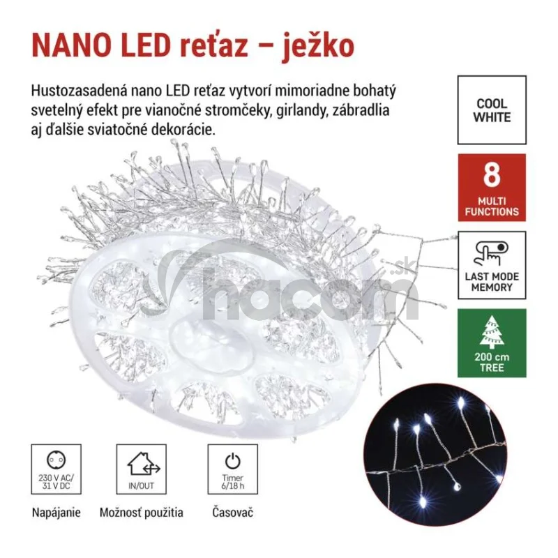 LED nano reťaz na cievke, strieborný, 19,2 m, studená biela, časovač