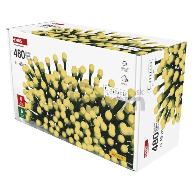 LED vianočná cherry reťaz – guličky, 48 m, vonk. aj vnútor.,teplá biela, programy, časovač