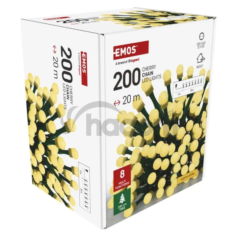 LED vianočná cherry reťaz – guličky, 20 m, vonk. aj vnútor.,teplá biela, programy, časovač