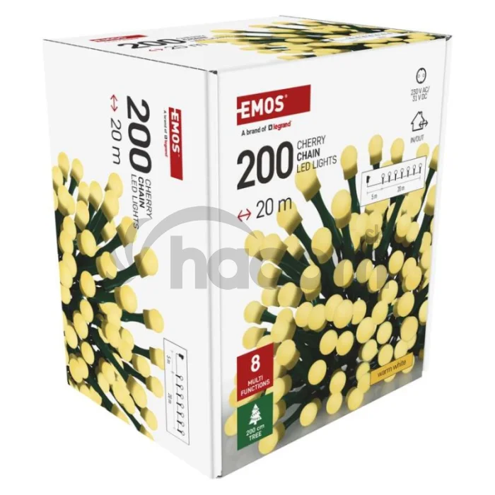 LED vianočná cherry reťaz – guličky, 20 m, vonk. aj vnútor.,teplá biela, programy, časovač