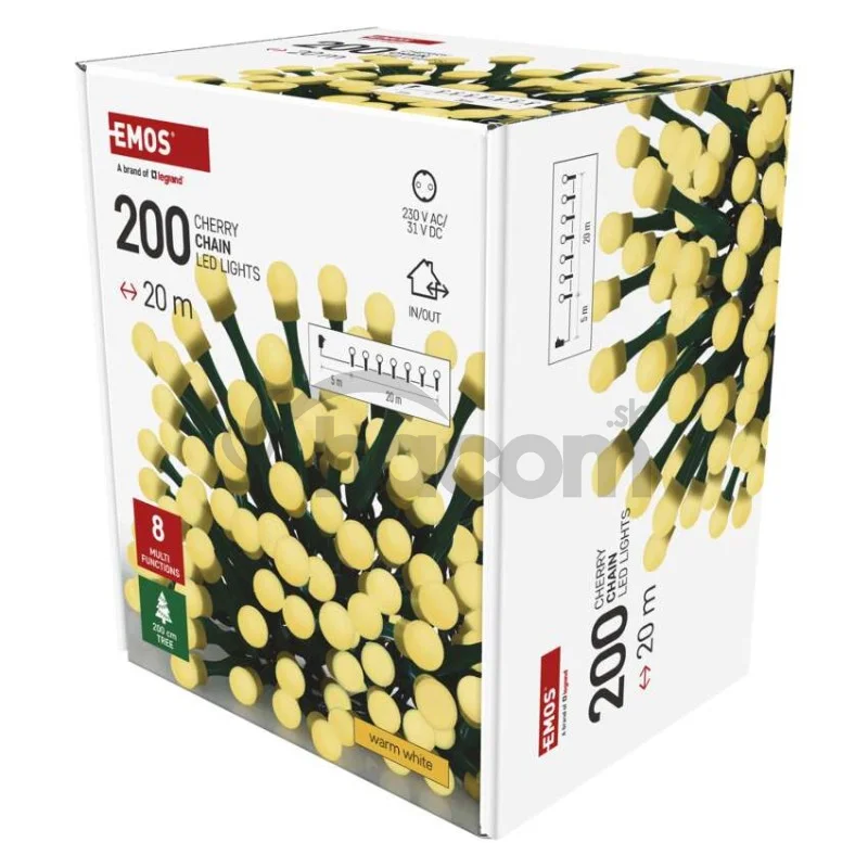 LED vianočná cherry reťaz – guličky, 20 m, vonk. aj vnútor.,teplá biela, programy, časovač