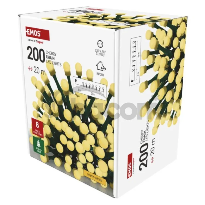 LED vianočná cherry reťaz – guličky, 20 m, vonk. aj vnútor.,teplá biela, programy, časovač