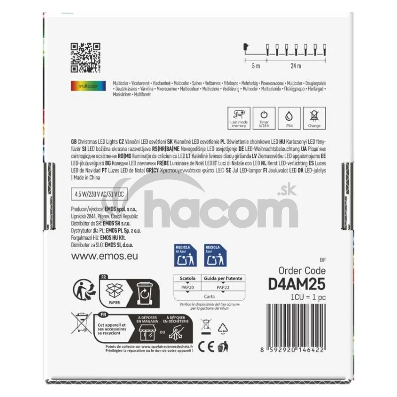 LED vianočná reťaz, 24 m, vonkajšia aj vnútorná, multicolor, programy, časovač