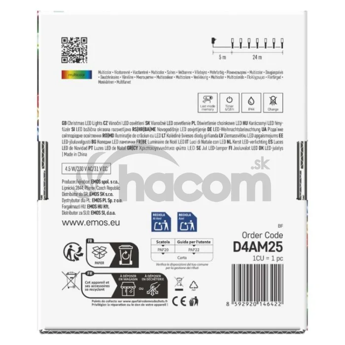 LED vianočná reťaz, 24 m, vonkajšia aj vnútorná, multicolor, programy, časovač