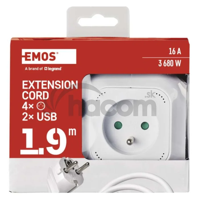 Predlžovací kábel - kocka 1,9 m / 4 zásuvky / biely / PVC / s USB / 1 mm2