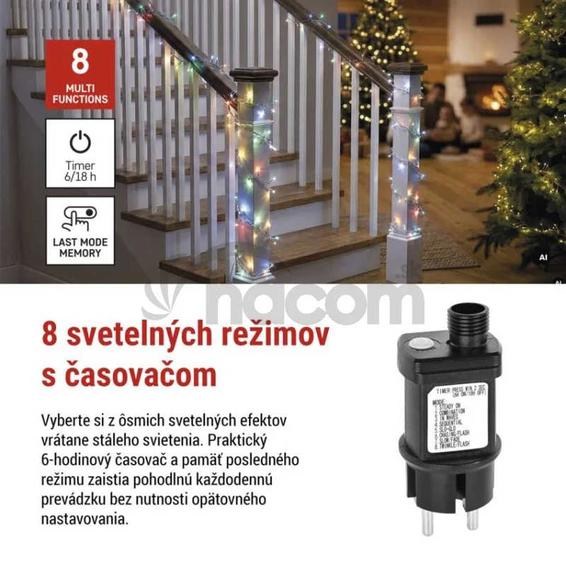 LED nano reťaz na cievke, strieborný, 19,2 m, multicolor, časovač