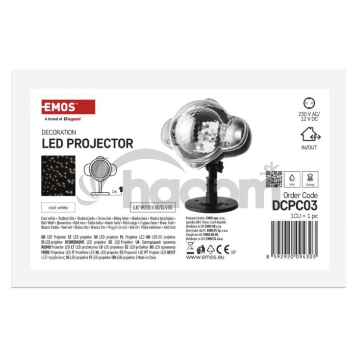 LED dekoratívny projektor – padajúce vločky, vonkajší aj vnútorný, biela