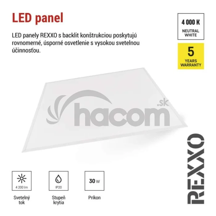 LED panel REXXO backlit 60×60, štvorcový vstavaný biely, 30W neutr.b.
