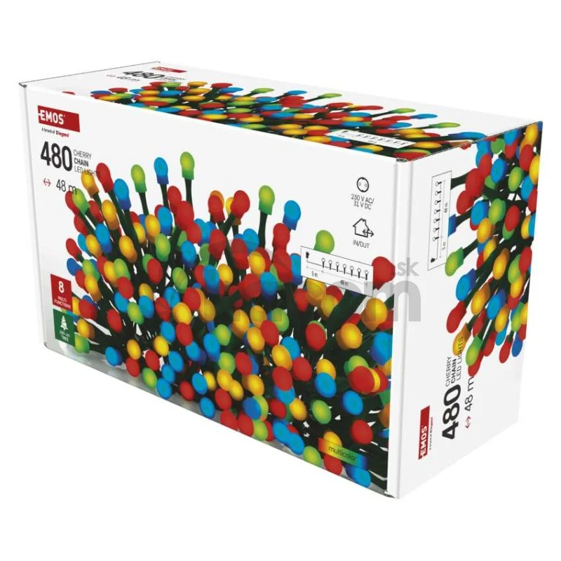LED vianočná cherry reťaz – guličky, 48 m, vonk. aj vnútor., multicolor, programy, časovač