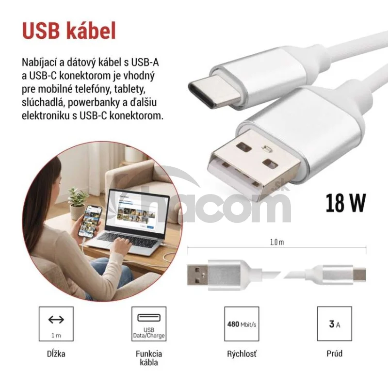 Nabíjací a dátový kábel USB-A 2.0 / USB-C 2.0, 1 m, biely