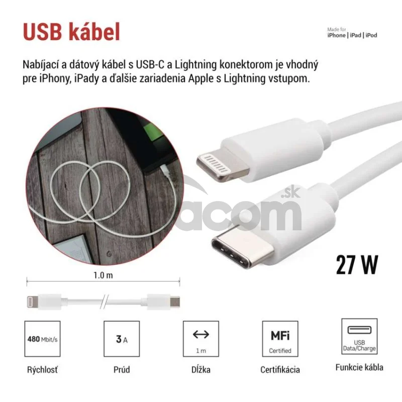 Nabíjací a dátový kábel USB-C 2.0 / Lightning MFi, 1 m, biely