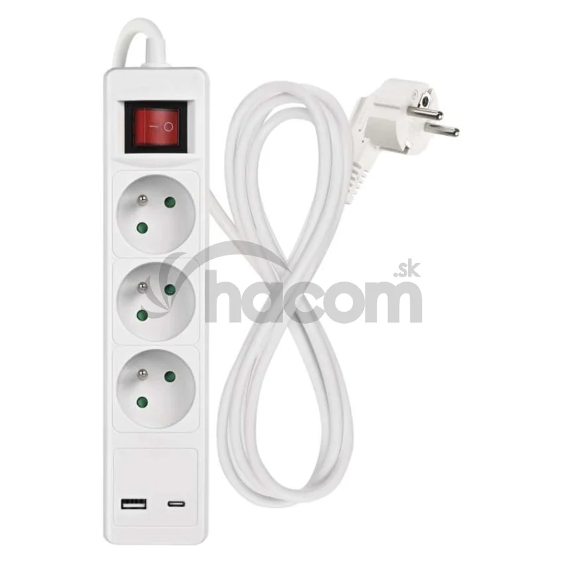 Predlžovací kábel 2 m / 3 zásuvky / s vypínačom / biely / 1×USB-A + 1×USB-C / 1,5 mm2