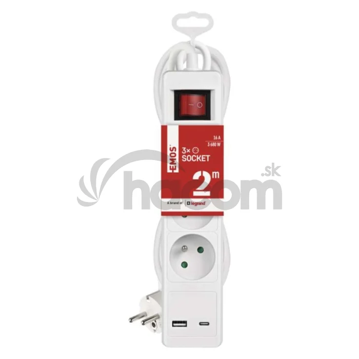 Predlžovací kábel 2 m / 3 zásuvky / s vypínačom / biely / 1×USB-A + 1×USB-C / 1,5 mm2