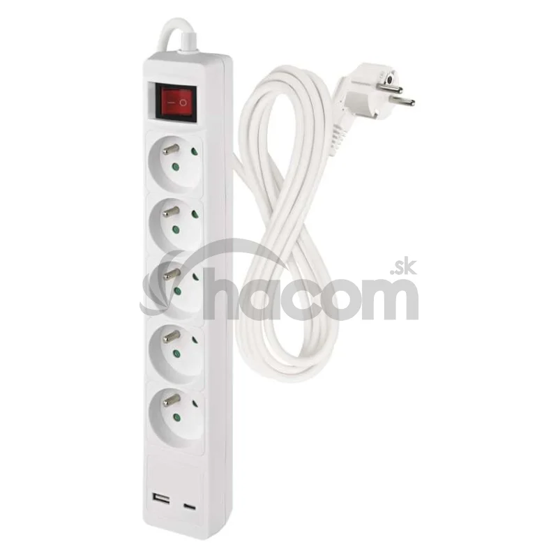 Predlžovací kábel 3 m / 5 zásuvky / s vypínačom / biely / 1×USB-A + 1×USB-C / 1,5 mm2