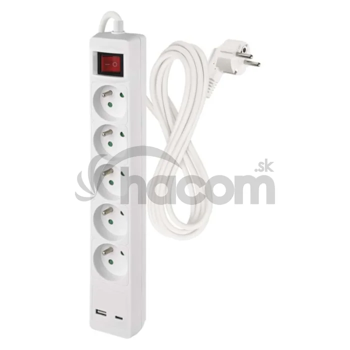Predlžovací kábel 3 m / 5 zásuvky / s vypínačom / biely / 1×USB-A + 1×USB-C / 1,5 mm2