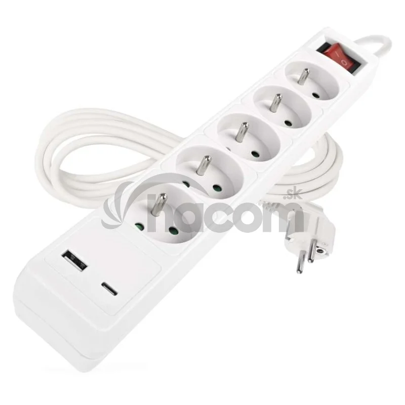Predlžovací kábel 3 m / 5 zásuvky / s vypínačom / biely / 1×USB-A + 1×USB-C / 1,5 mm2