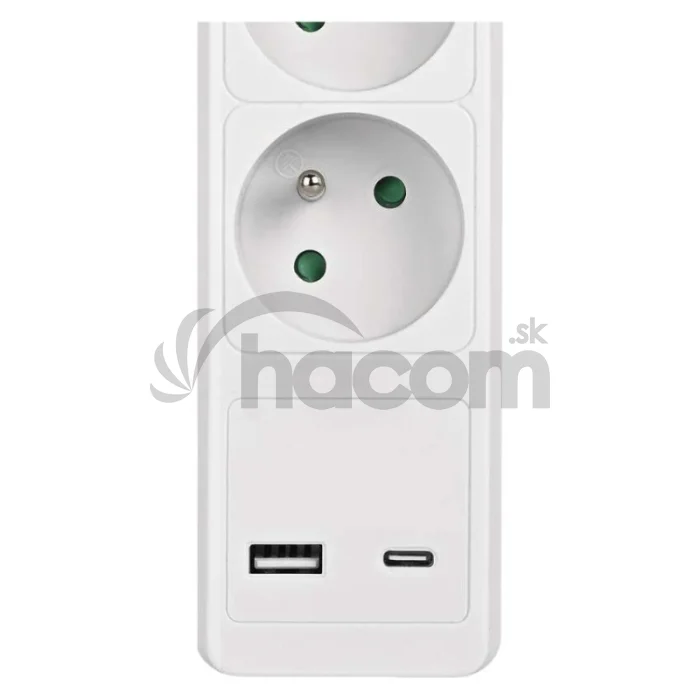 Predlžovací kábel 3 m / 5 zásuvky / s vypínačom / biely / 1×USB-A + 1×USB-C / 1,5 mm2