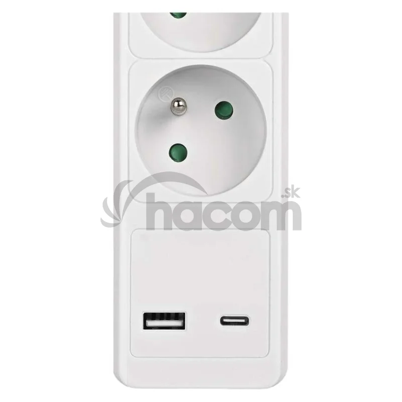 Predlžovací kábel 2 m / 3 zásuvky / s vypínačom / biely / 1×USB-A + 1×USB-C / 1,5 mm2