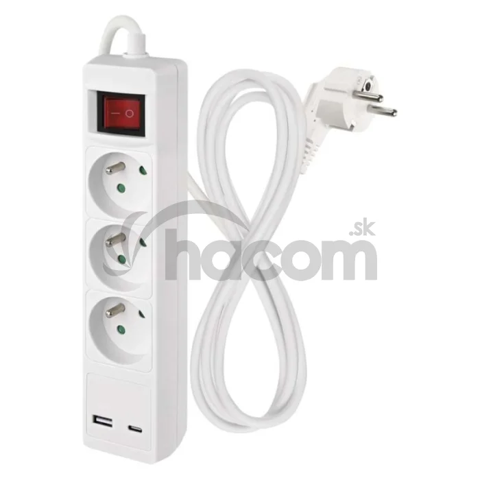 Predlžovací kábel 2 m / 3 zásuvky / s vypínačom / biely / 1×USB-A + 1×USB-C / 1,5 mm2