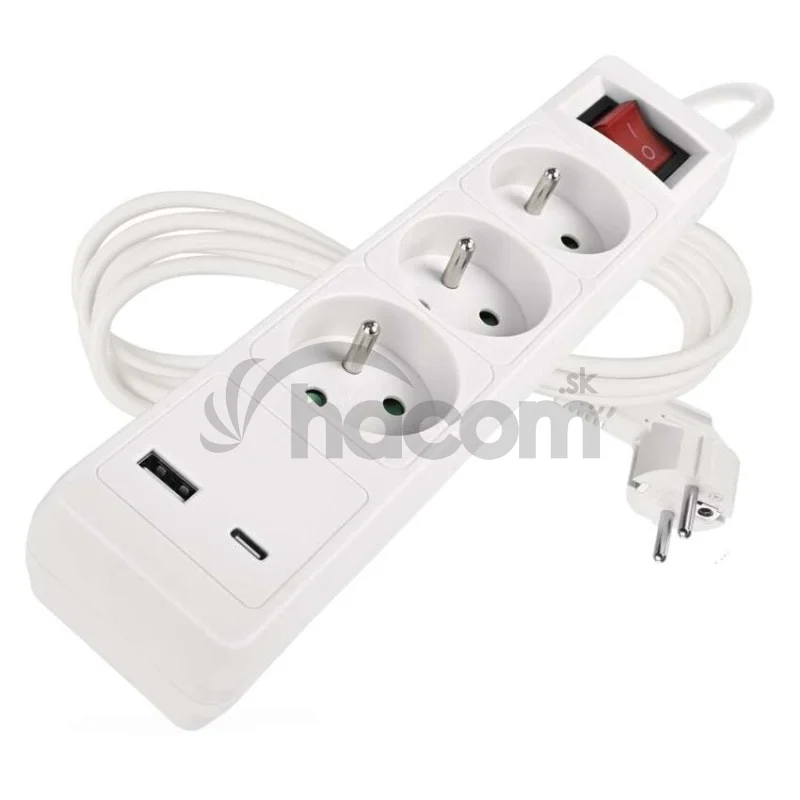 Predlžovací kábel 2 m / 3 zásuvky / s vypínačom / biely / 1×USB-A + 1×USB-C / 1,5 mm2