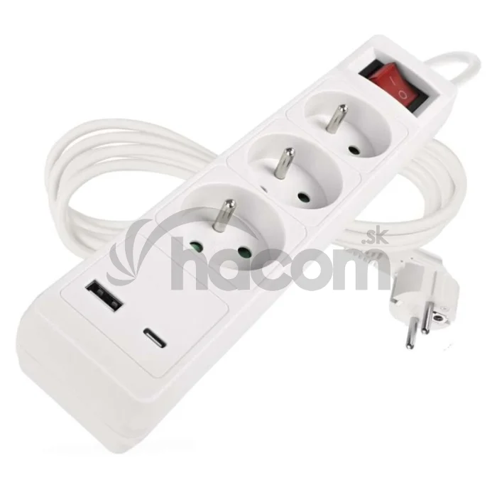 Predlžovací kábel 2 m / 3 zásuvky / s vypínačom / biely / 1×USB-A + 1×USB-C / 1,5 mm2
