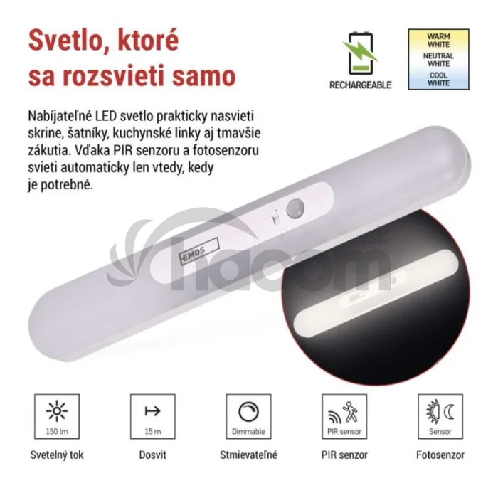 LED nabíjateľná svietidlo P3328 s pohybovým senzorom a fotosenzorom, 1 ks