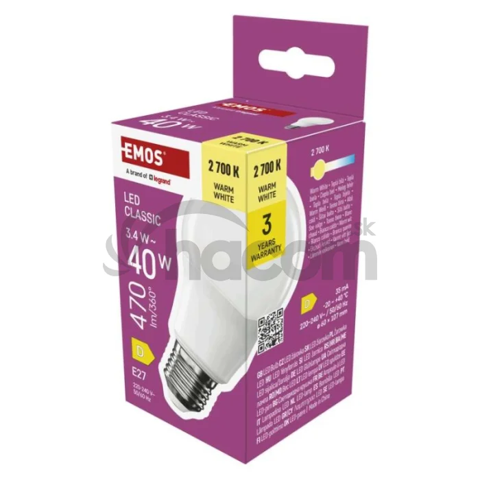 LED žiarovka Classic A60/ E27 / 3,4 W (40 W) / 470 lm / teplá bielá